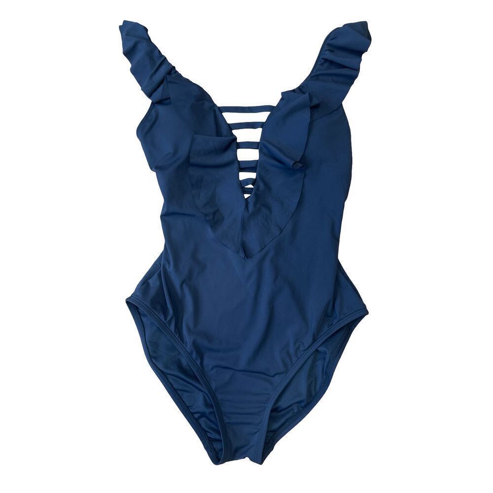 Bleu Rod Beattie Ruffle Strap One Piece Black Swimsuit w/ Strappy Back - Size 4 - Picture 3 of 11